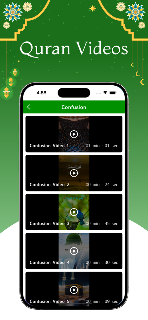 Al Quran - Read Qur'an Offline - Mobile app screen showing a list of Quran videos titled Confusion with play buttons and durations