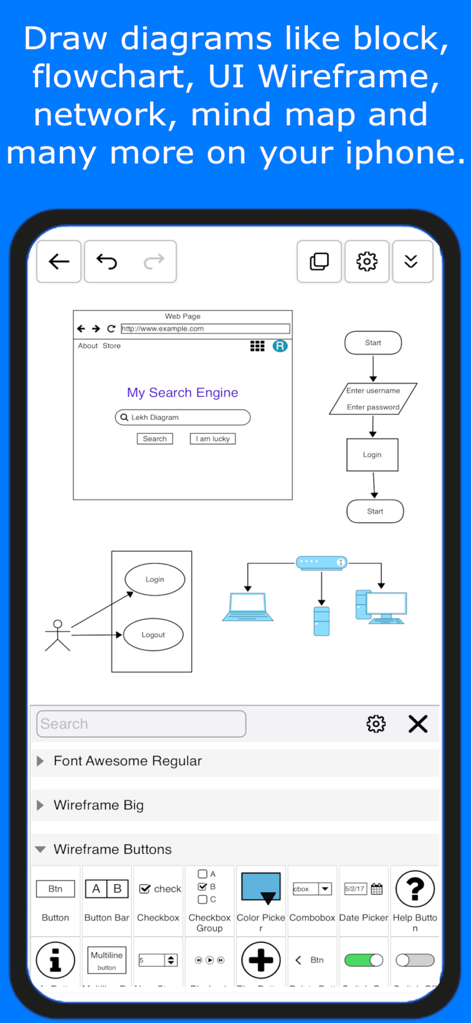 Lekh app interface showing UI wireframe and flowchart creation tools on iPhone.
