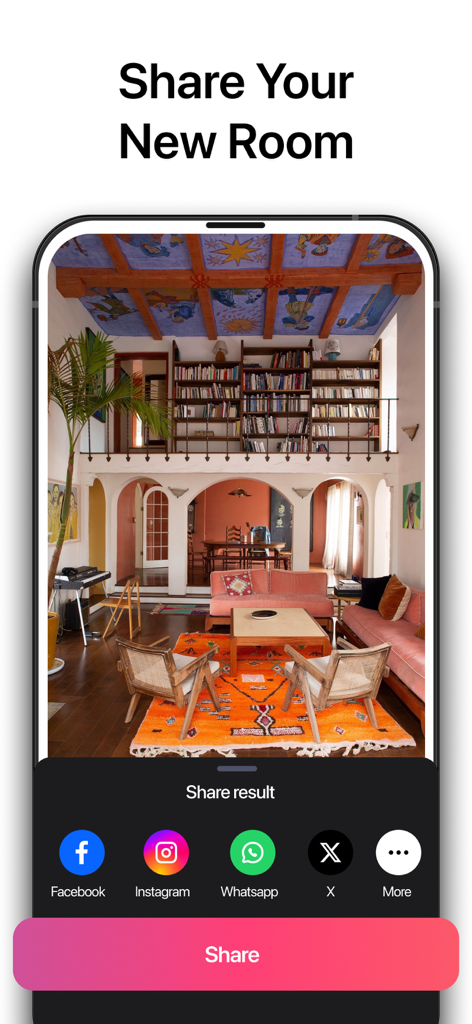 Interface of the AI Remodel app showing options to share a generated room design on social media platforms
