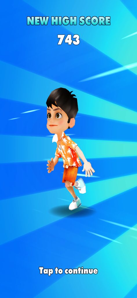 Street Runner – Endless Runner - Screen showing a new high score of 743 with a character in an orange tropical shirt in Street Runner