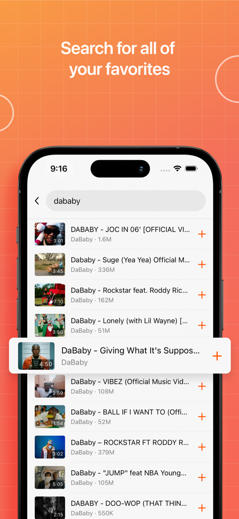 Search results screen in the Musi app showing a list of music videos for an artist