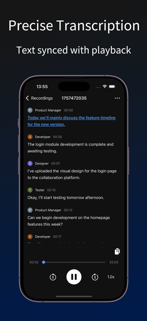 チーム会議での話者分離を伴う同期テキスト文字起こしを示すアプリインターフェース。