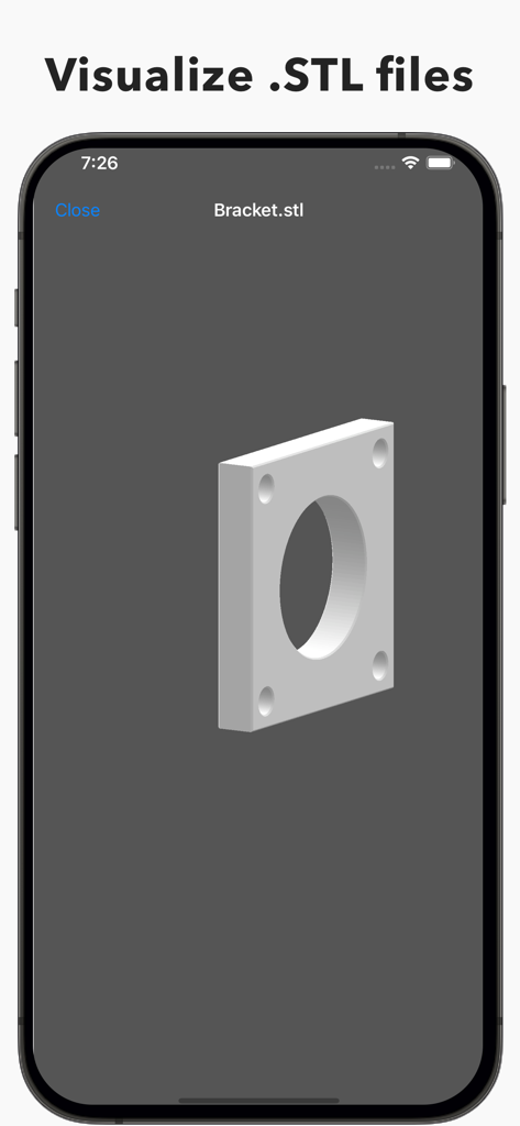 A 3D model of a mechanical bracket being visualized in the Sequence CNC app on an iPhone