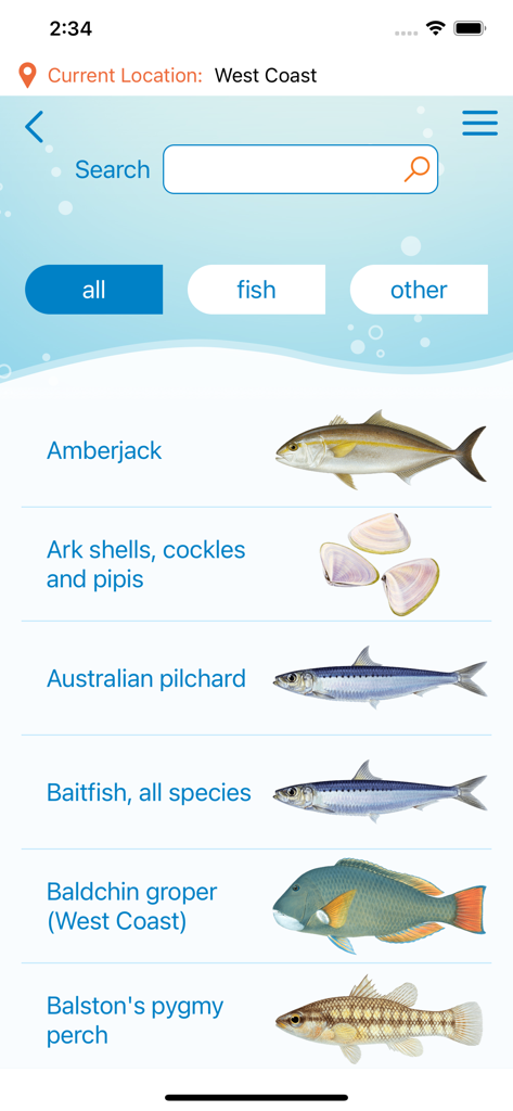recfishwest - Recfishwest app screen showing a searchable fish identification list with high-quality species illustrations