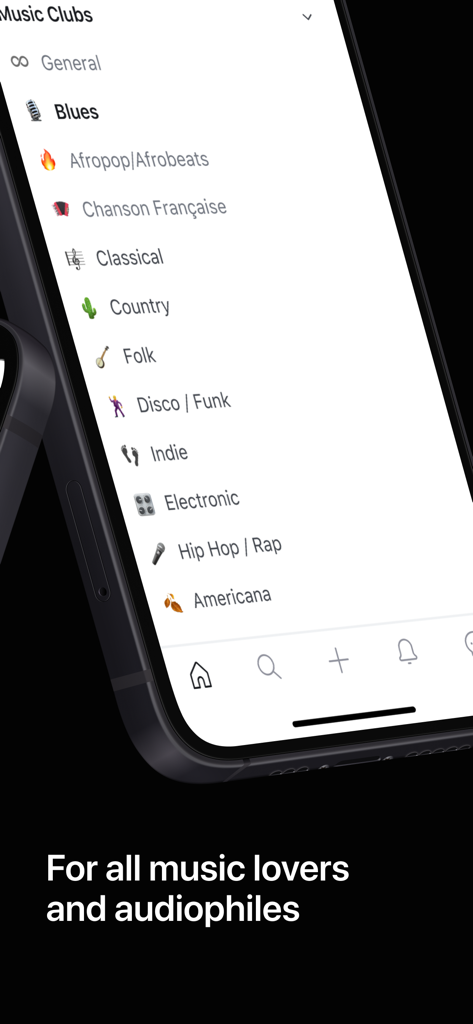 A smartphone screen showing the Qobuz Club app interface with various music genre clubs for audiophiles and music lovers.