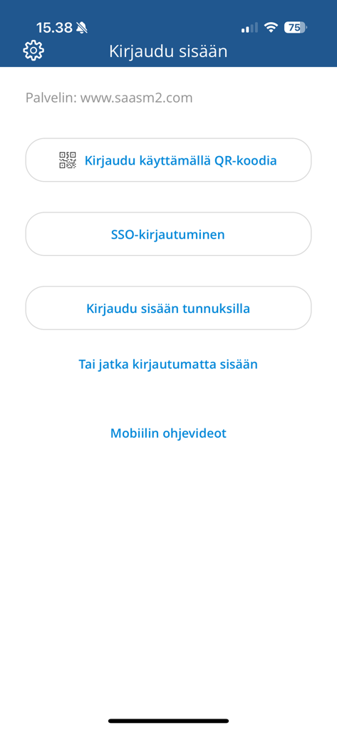 Login screen of the Visma M2 mobile app displaying options for QR code, SSO, and credential login