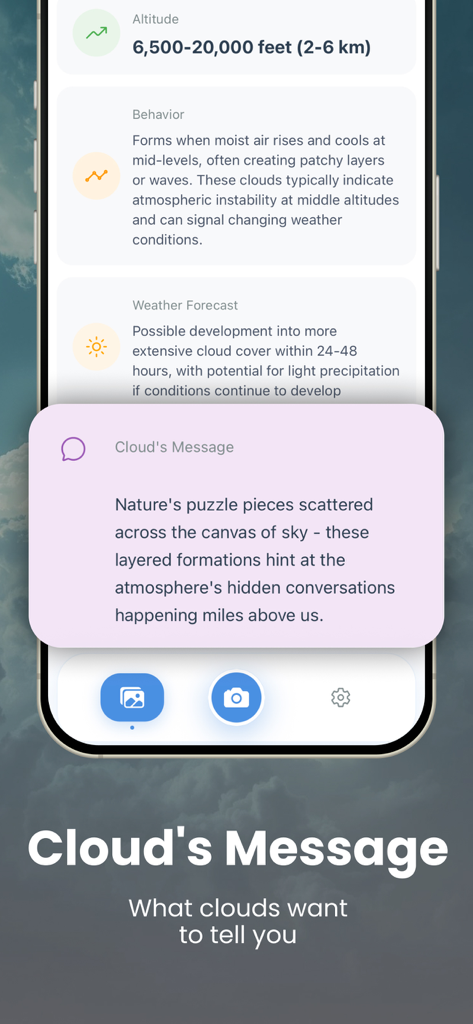 Cloud Identifier: Sky AI - Mobile app screen displaying scientific cloud analysis and a unique poetic message inspired by nature