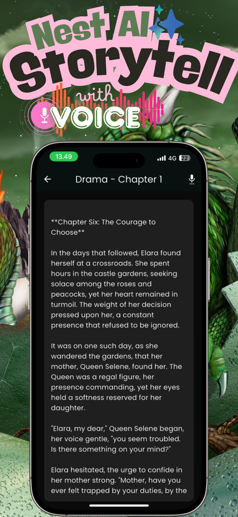 Nest AI: Story Teller - Nest AI Story Teller app displaying a drama story chapter with AI voice narration features on a smartphone screen.