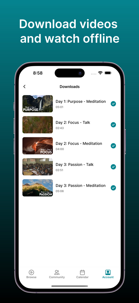 Moving Art app interface showing downloaded nature meditation and talk videos for offline viewing.