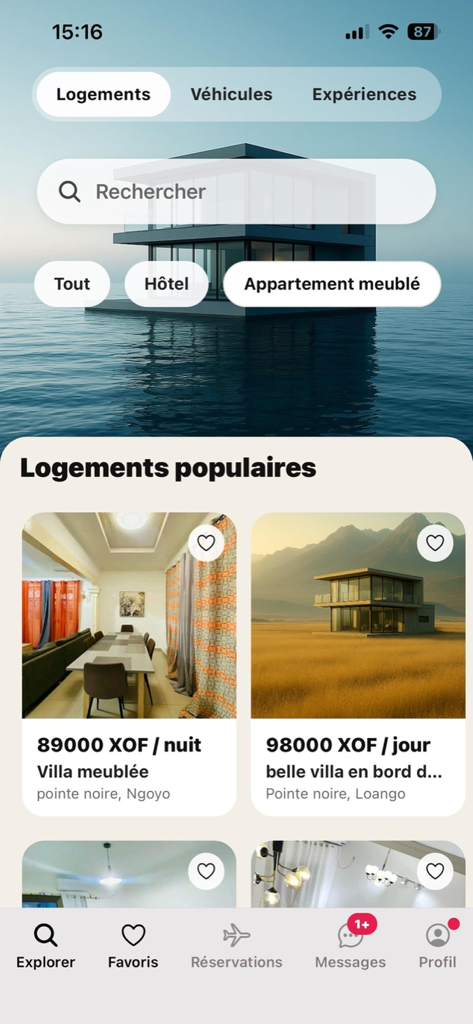 Flexiii - Flexiii app home screen showing luxury villa listings and booking categories for lodgings, vehicles, and experiences.