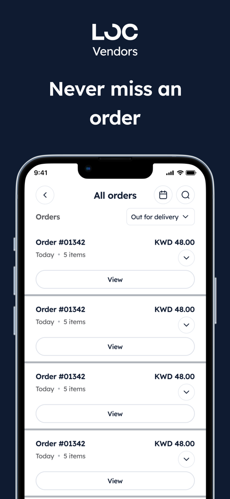 Panel de control de la app LOCALS Vendor mostrando una lista de pedidos de clientes actuales