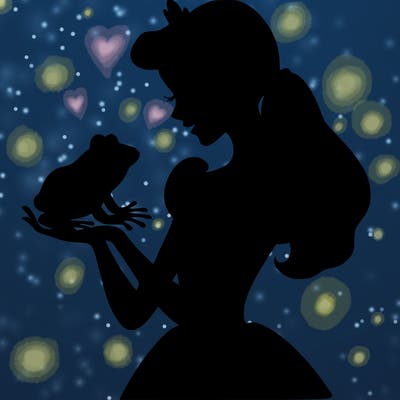 a shadow of a princess holding a frog realistic