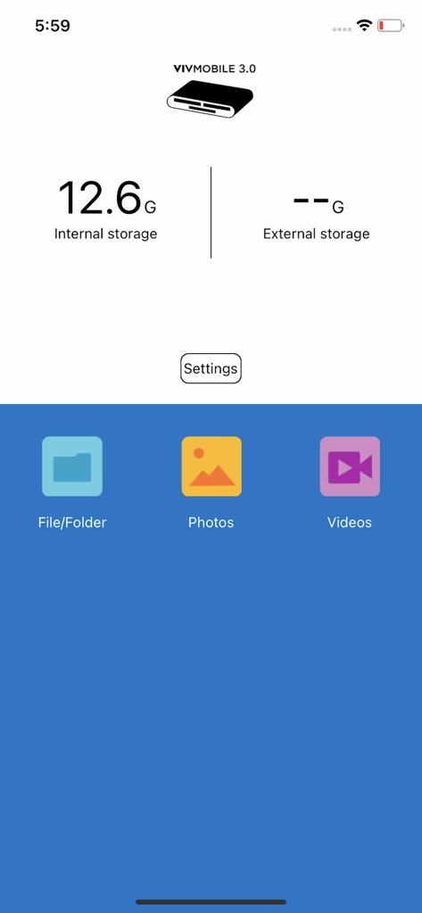 Mobile Reader 3.0 - Panel de la aplicación Mobile Reader 3.0 que muestra la capacidad de almacenamiento interna y externa con iconos de gestión de archivos