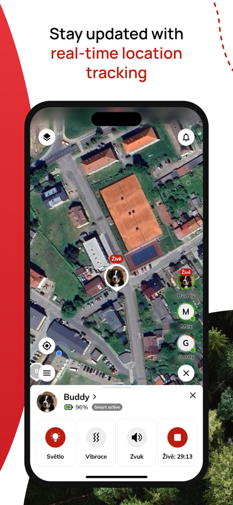 Pet_tracker - Un smartphone que muestra un mapa satelital en tiempo real en la aplicación Pet tracker con pines GPS para varios perros.