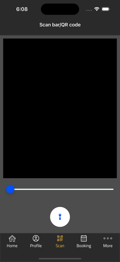 Be Hulk Gym - Be Hulk Gym mobile app QR code and barcode scanner interface with a dark theme and bottom navigation bar.