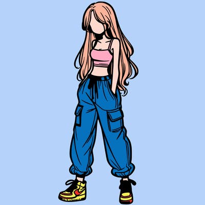 girl in baggy pants crop top and long hair