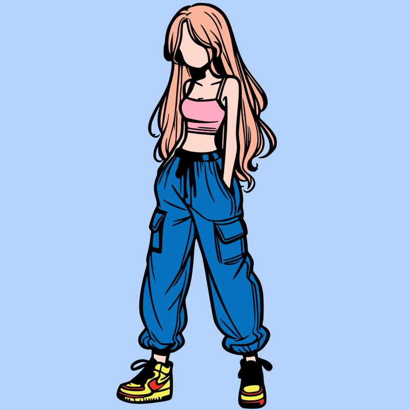 girl in baggy pants crop top and long hair