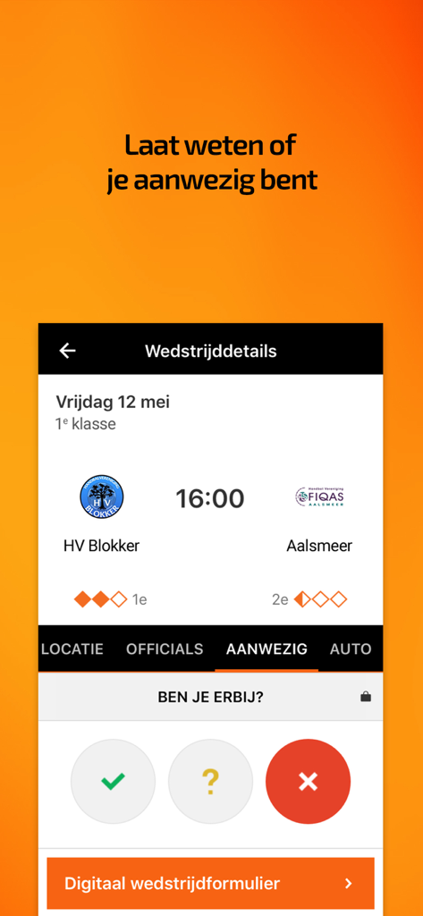 HandbalNL app screen displaying match details for HV Blokker versus Aalsmeer with player attendance selection buttons