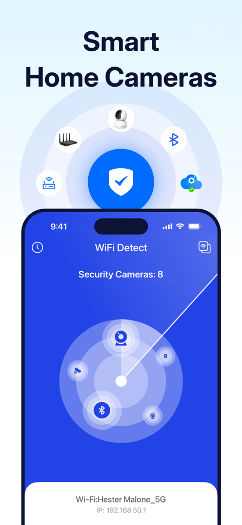 スマートホームセキュリティカメラをWi-Fiネットワークでスキャンするレーダーインターフェースを表示するスマートフォンの画面