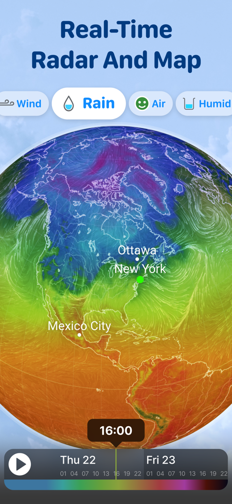Real time weather radar and map showing rain patterns across North America on the Weather Sky app interface