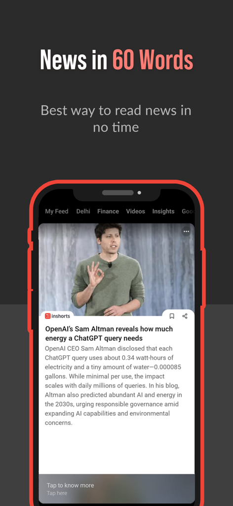 Smartphone screen displaying a concise news summary on the Inshorts app.