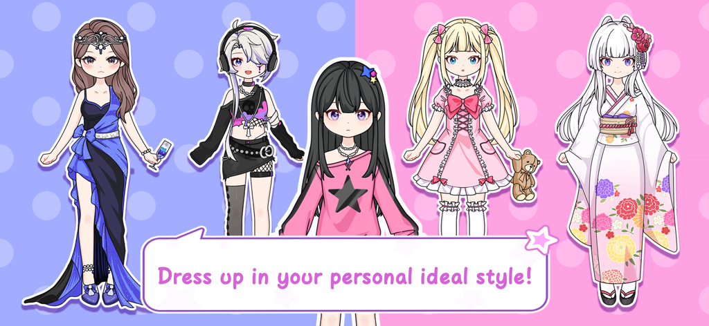 Kawaii Paper Doll Dressup Game - Cinco muñecas kawaii en diferentes estilos de moda, incluyendo un vestido rosa y un kimono