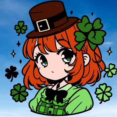 a manga-style girl with clovers around her, a little hat in her hair, like it's saint patrick's day
