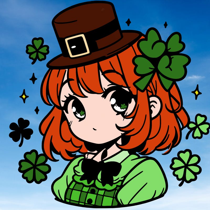 a manga-style girl with clovers around her, a little hat in her hair, like it's saint patrick's day