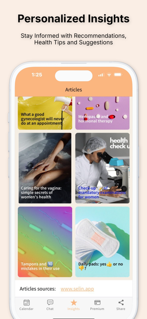 Selin: Your Period Tracker - Selin app interface showing personalized health insights and educational articles on women's reproductive health