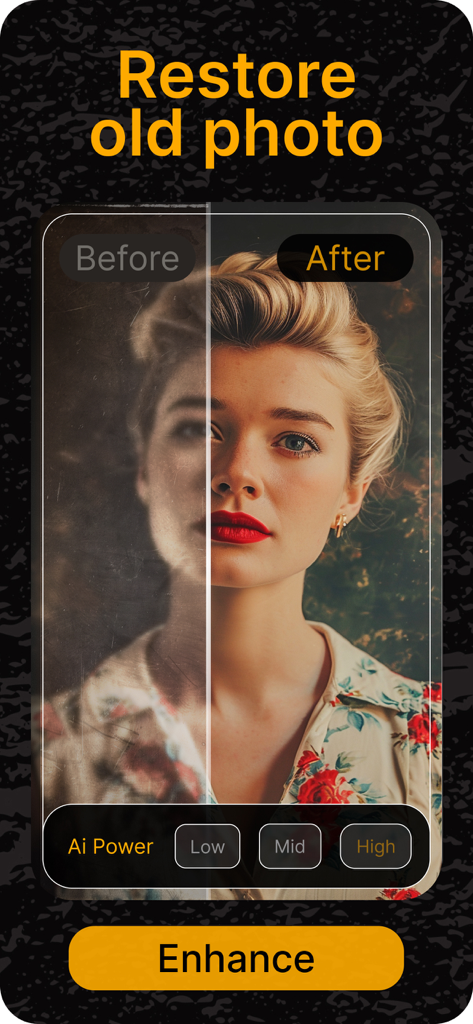 Comparación de antes y después de una foto antigua siendo restaurada utilizando la mejora de IA en la aplicación RetroFix