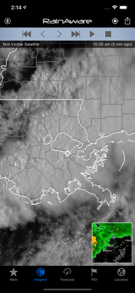 RainAware Weather Timer - High resolution satellite imagery and radar map on the RainAware weather app showing cloud formations over the Gulf Coast