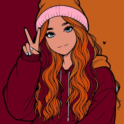 a teenage girl in a beanie, oversized sweatshirt, wavy long hair, and is showing a ✌️