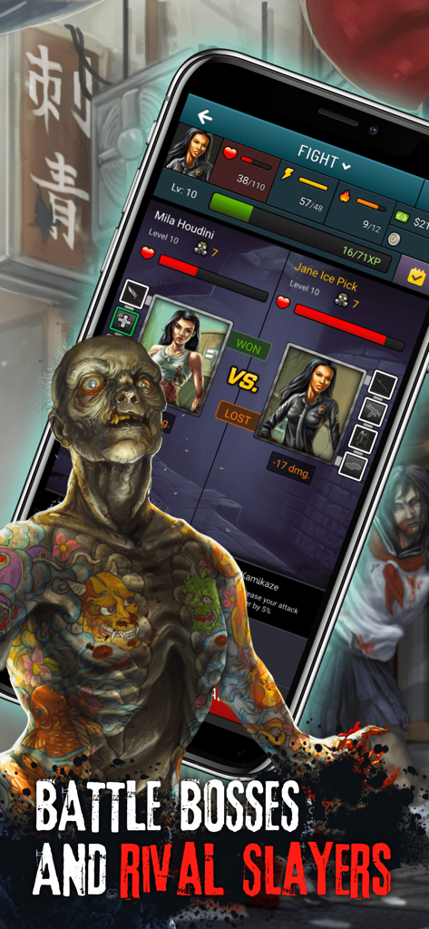 Zombie Slayer: Apocalypse Game - Mobile screen of Zombie Slayer showing a battle between players and a tattooed zombie boss