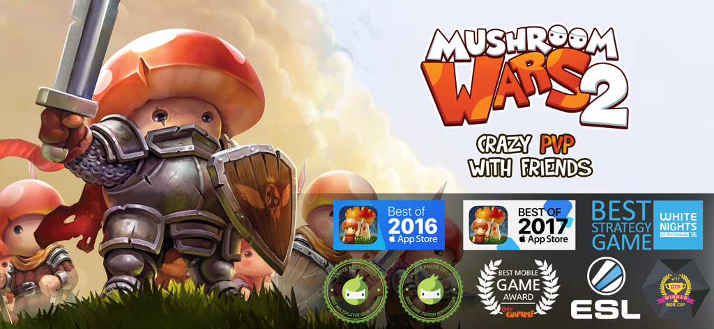 Mushroom Wars 2 promotional banner with armored mushroom soldiers and mobile game awards