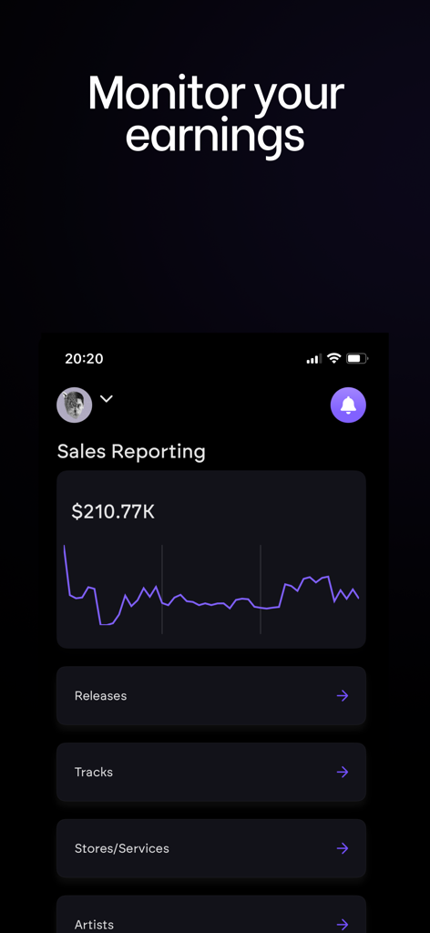 Too Lost: Music Distribution - Tableau de bord de l'application Too Lost montrant le suivi des ventes en temps réel et le graphique des revenus musicaux.