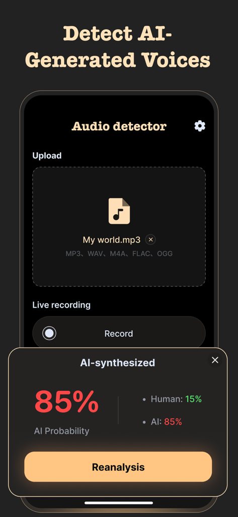 Scribbly: AI Detector Tool - Scribbly mobile app interface for detecting AI-generated voices showing an 85 percent AI probability result for an uploaded audio file