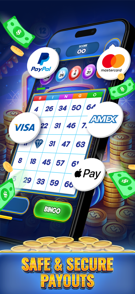 Cash Prize Bingo - Cash Prize Bingo game interface showing secure payout options including PayPal Visa and Apple Pay