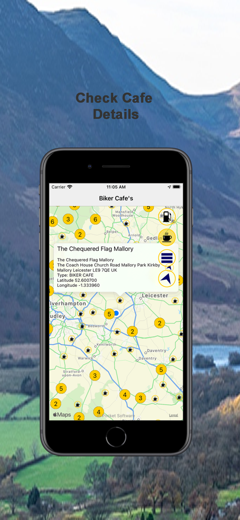 U.K. Biker Cafes - A map interface in the U.K. Biker Cafes app showing details for a specific biker cafe with navigation options.
