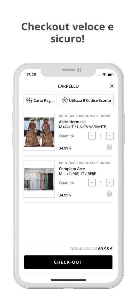 Boutique London Shop Online - Interface do carrinho de compras do aplicativo Boutique London mostrando itens de moda selecionados e um botão de checkout seguro