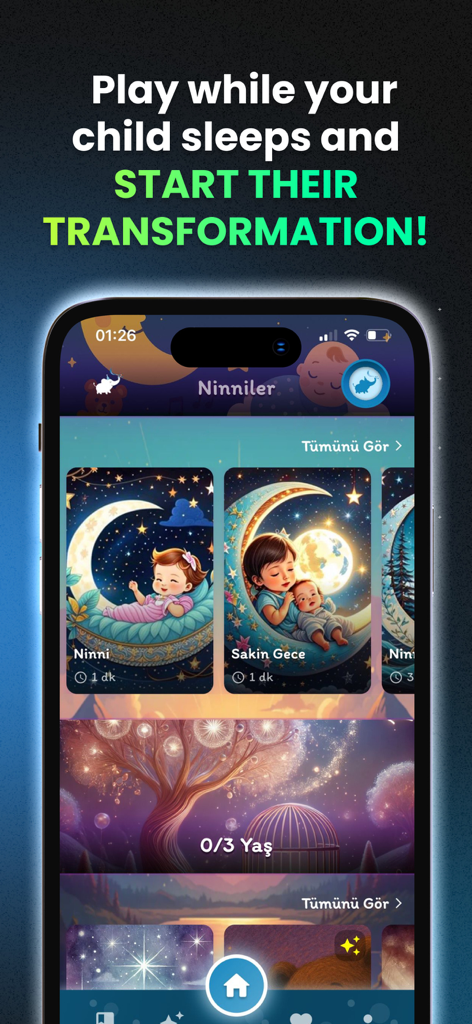 Kids Sleep & Healing Tales - Una pantalla de smartphone que muestra la interfaz de la aplicación Kids Sleep and Healing Tales con categorías para cuentos terapéuticos para dormir y canciones de cuna