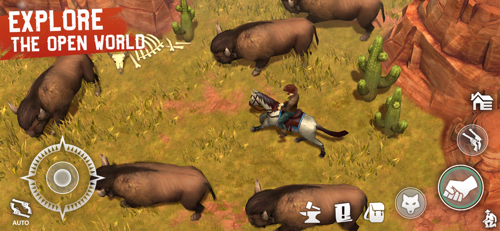 A cowboy riding a horse through a prairie with buffalo and cacti in the Westland Survival open world.