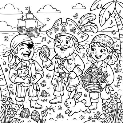 Set sail for an extraordinary Easter with our buccaneer crew! This delightful coloring page combines the thrill of pirate life with the festive joy of bunnies, eggs, and spring blossoms.