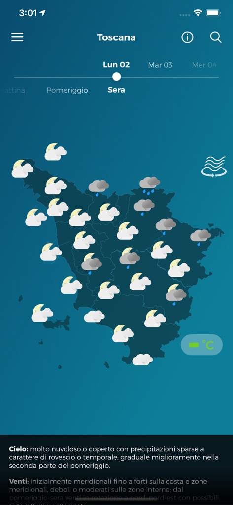 Mapa meteorológico de la Toscana con iconos de pronóstico de la tarde en la app LaMMA Meteo