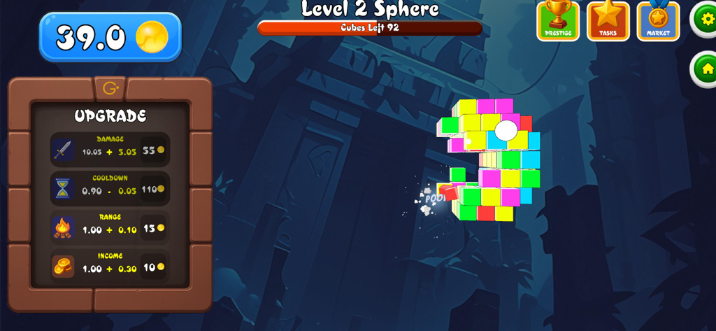 Gameplay of Ostec Crumble showing a colorful block structure being destroyed by a ball with an upgrade menu on the left side