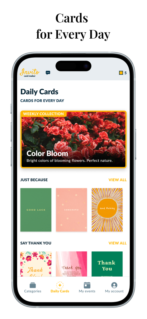 Invitation Maker Wedding Cards - Mobile app interface displaying various greeting card templates for everyday occasions like thank you and congratulations