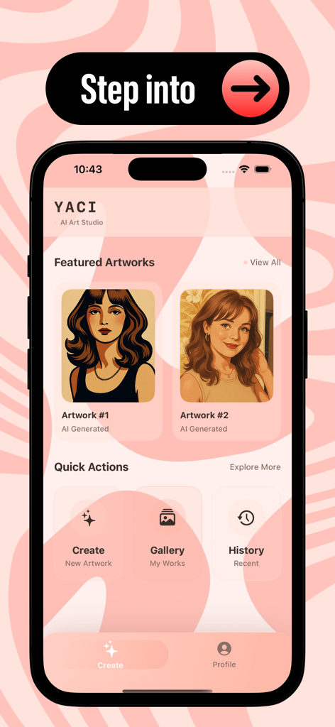 Yaci - Yaci app home screen featuring vintage AI generated portraits and quick action menu