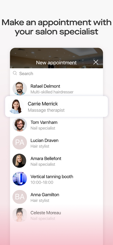 Saby Get: Места и услуги - Saby Getアプリインターフェース、スタイリストを選択してサロンの予約が可能