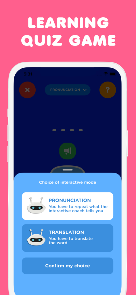 Spanish for kids, Speak Pocket - Interactive learning quiz mode selection screen for kids Spanish learning app.