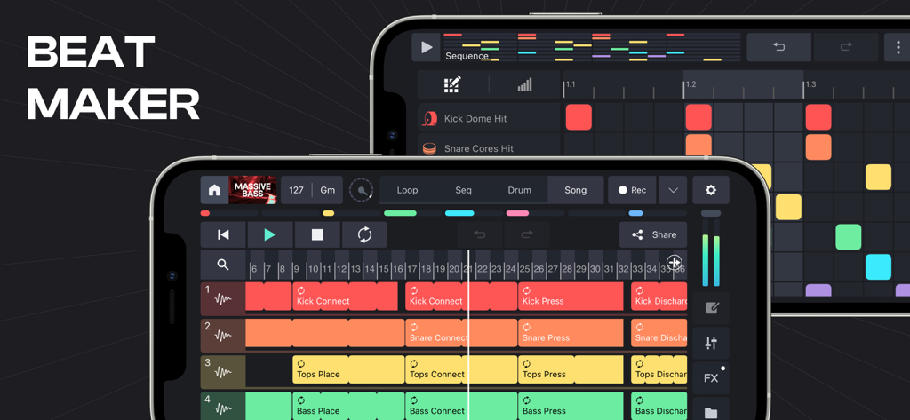 Remixlive music production app interface on mobile devices showing the song timeline and beat maker grid