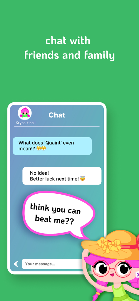 Kryss - The Battle of Words - Kryss의 게임 내 채팅 화면으로, 플레이어 간의 사회적 상호작용과 단어 챌린지를 보여줍니다.